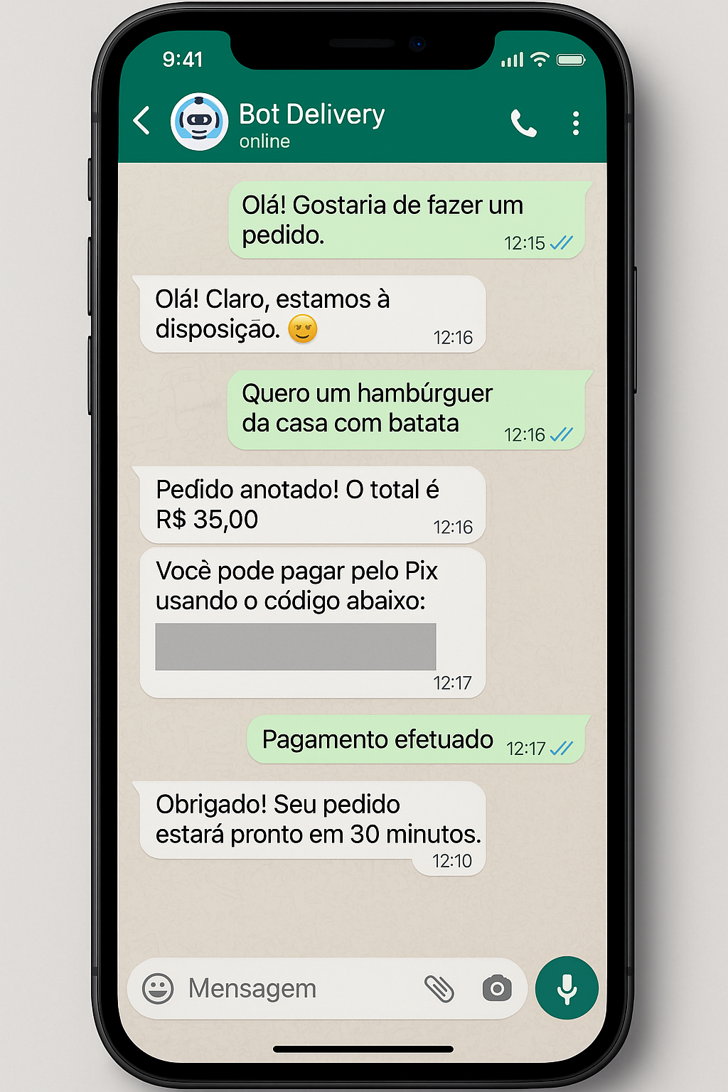 Mockup WhatsApp — conversa de pedido e pagamento